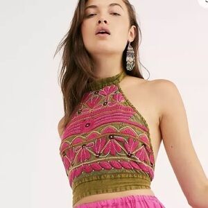 Free People South Coast Halter Embroidered Tie Top